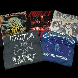 Lot Of 5 Metal Rock Band Tees Size 2X Metallica Iron Maiden ACDC Zeppelin Crüe